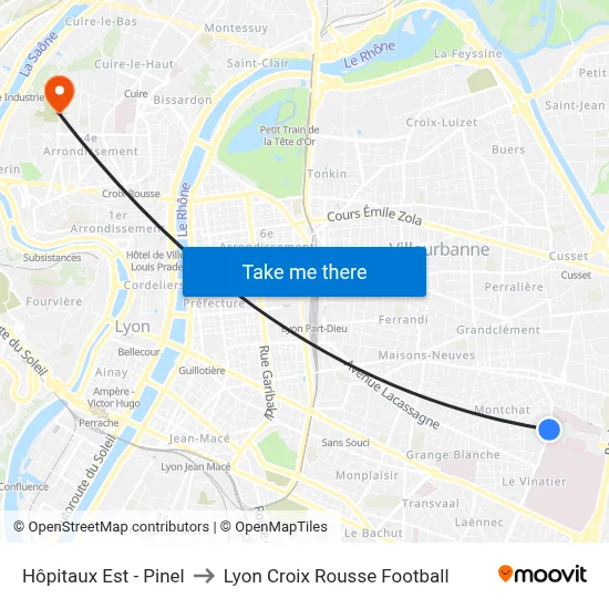 Hôpitaux Est - Pinel to Lyon Croix Rousse Football map