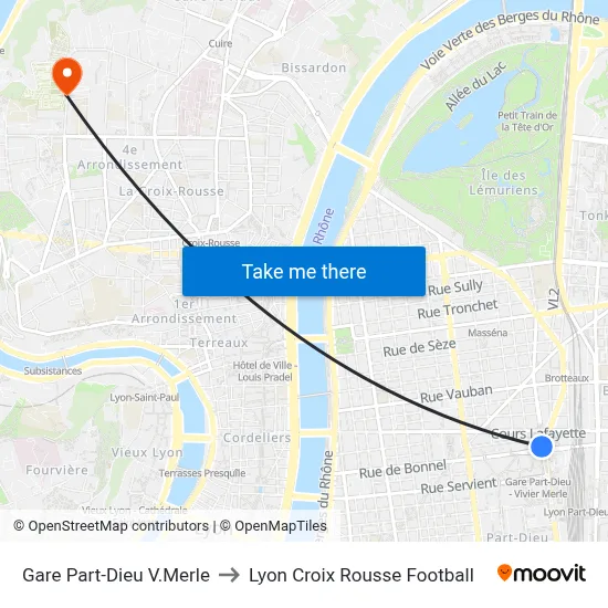 Gare Part-Dieu V.Merle to Lyon Croix Rousse Football map