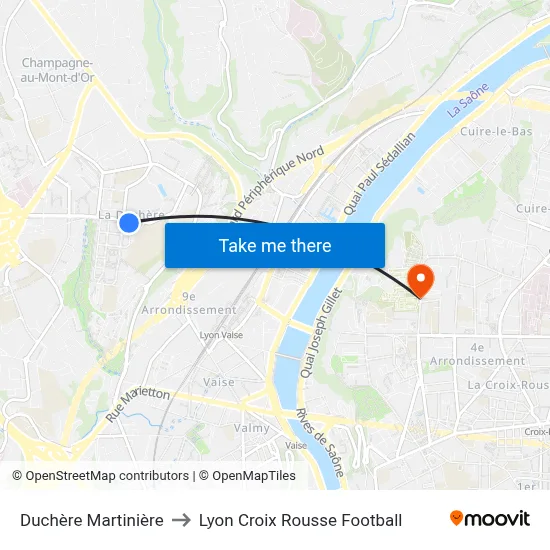 Duchère Martinière to Lyon Croix Rousse Football map