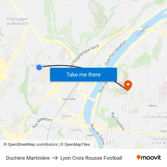 Duchère Martinière to Lyon Croix Rousse Football map