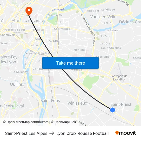 Saint-Priest Les Alpes to Lyon Croix Rousse Football map