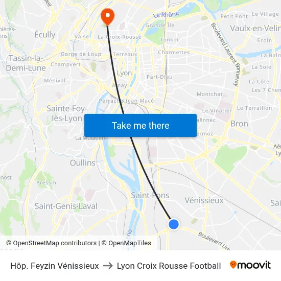 Hôp. Feyzin Vénissieux to Lyon Croix Rousse Football map