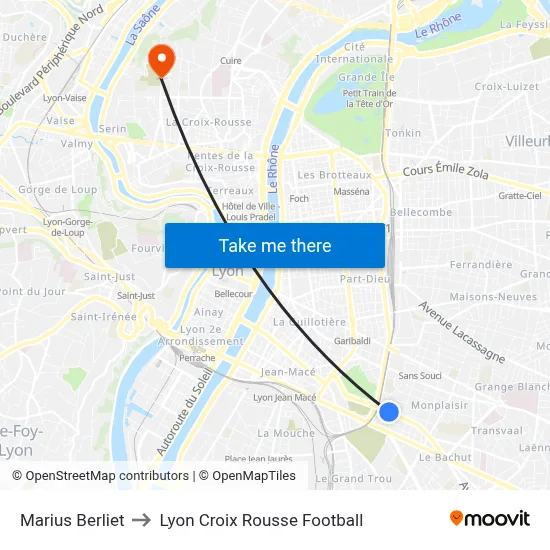 Marius Berliet to Lyon Croix Rousse Football map