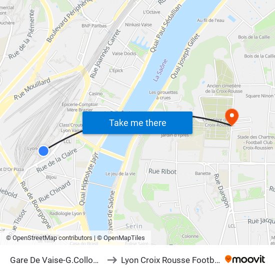 Gare De Vaise-G.Collomb to Lyon Croix Rousse Football map