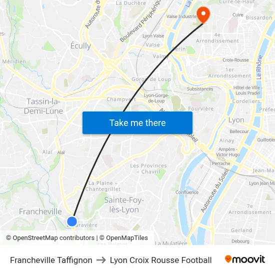 Francheville Taffignon to Lyon Croix Rousse Football map
