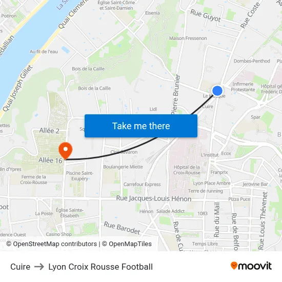 Cuire to Lyon Croix Rousse Football map