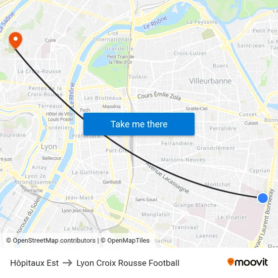 Hôpitaux Est to Lyon Croix Rousse Football map