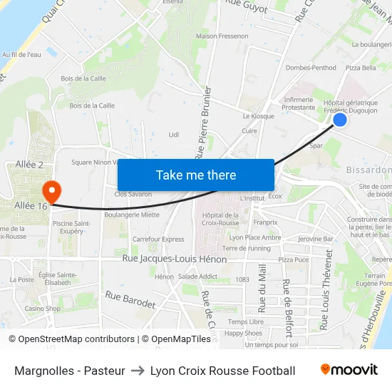 Margnolles - Pasteur to Lyon Croix Rousse Football map
