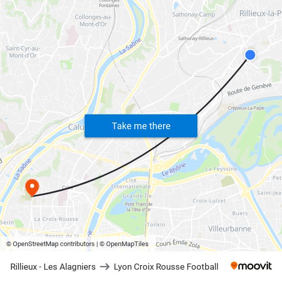 Rillieux - Les Alagniers to Lyon Croix Rousse Football map