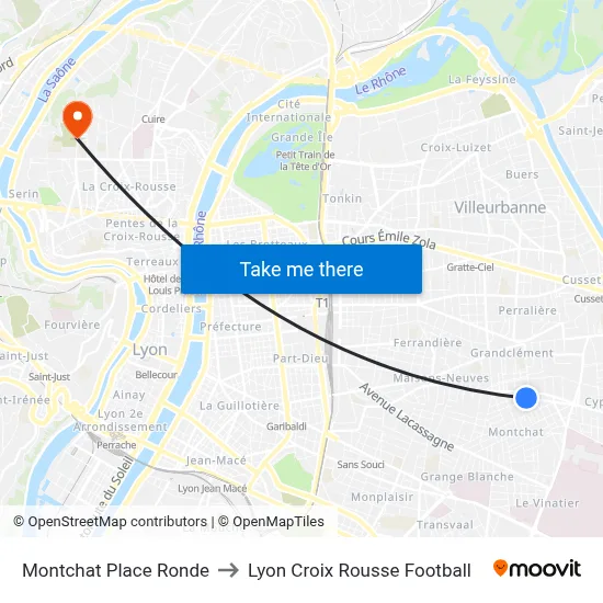 Montchat Place Ronde to Lyon Croix Rousse Football map