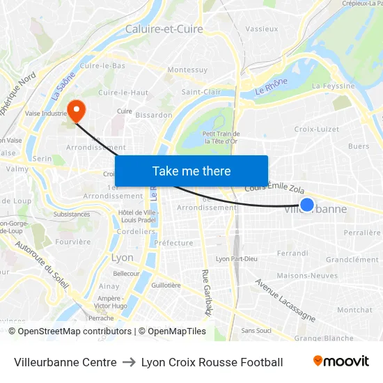 Villeurbanne Centre to Lyon Croix Rousse Football map