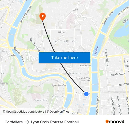 Cordeliers to Lyon Croix Rousse Football map