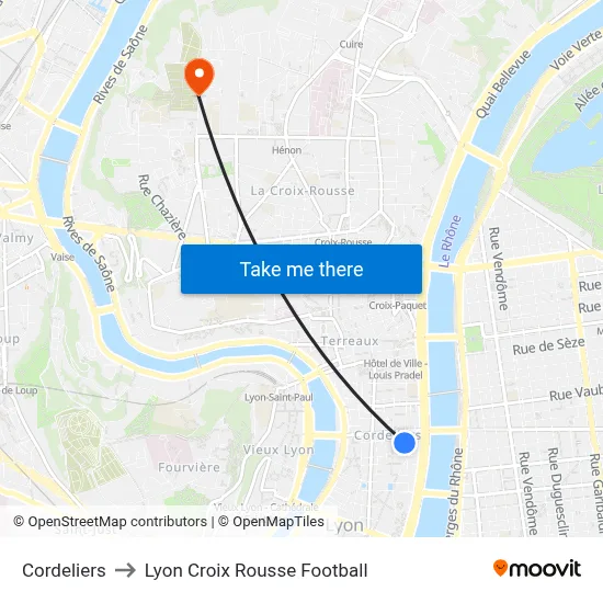 Cordeliers to Lyon Croix Rousse Football map