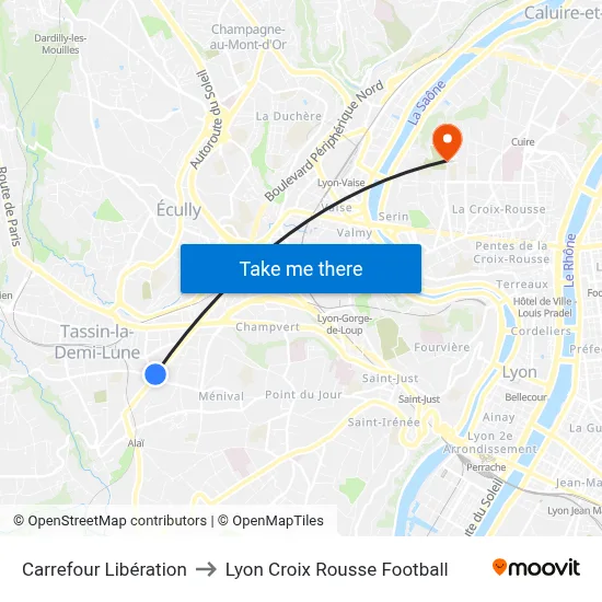 Carrefour Libération to Lyon Croix Rousse Football map