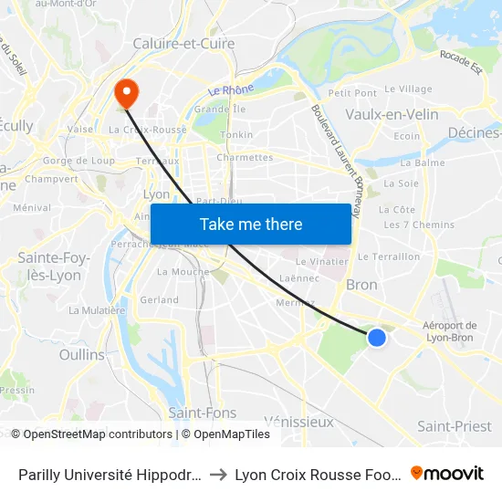 Parilly Université Hippodrome to Lyon Croix Rousse Football map