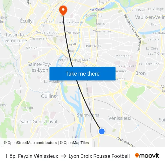 Hôp. Feyzin Vénissieux to Lyon Croix Rousse Football map