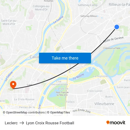 Leclerc to Lyon Croix Rousse Football map