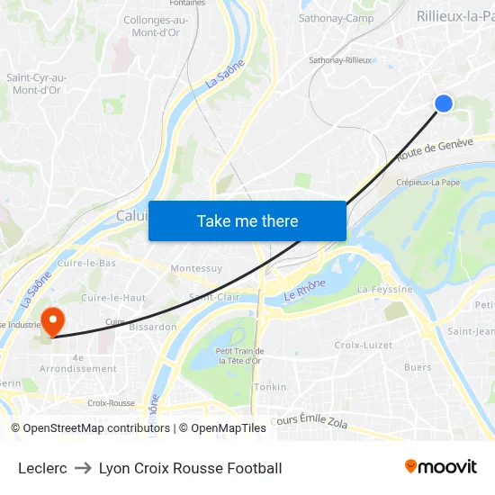 Leclerc to Lyon Croix Rousse Football map