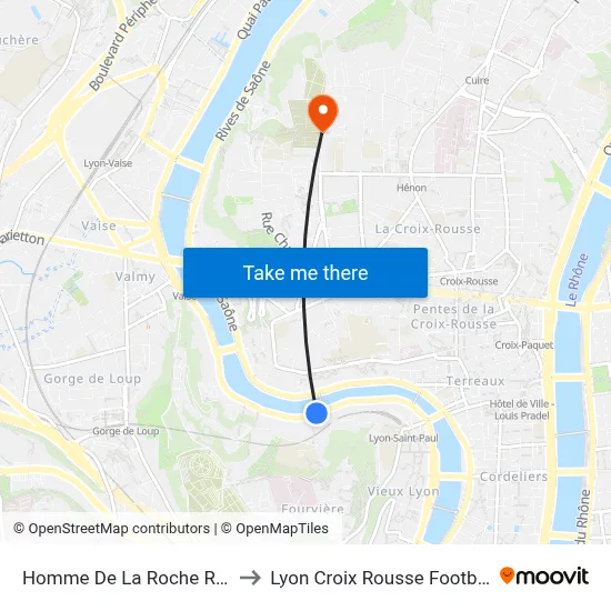Homme De La Roche R.D. to Lyon Croix Rousse Football map