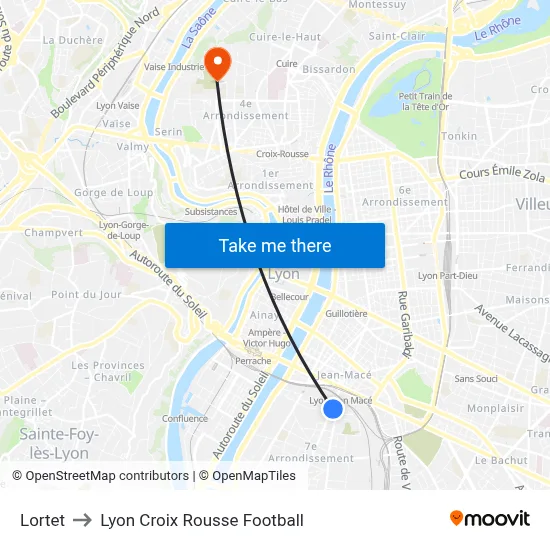 Lortet to Lyon Croix Rousse Football map