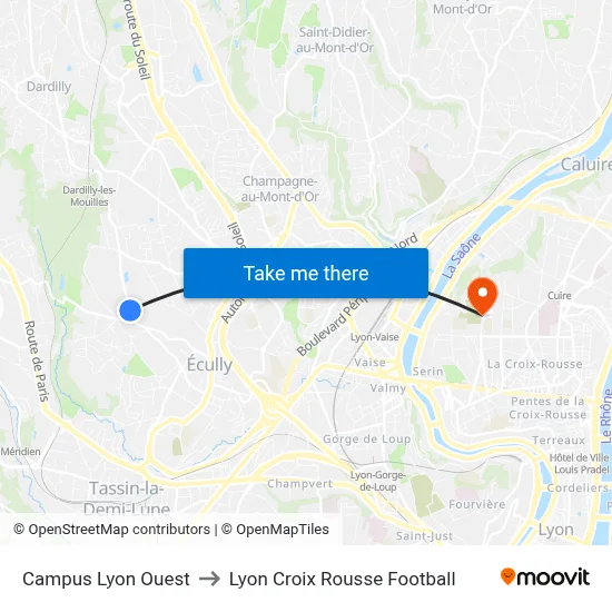 Campus Lyon Ouest to Lyon Croix Rousse Football map