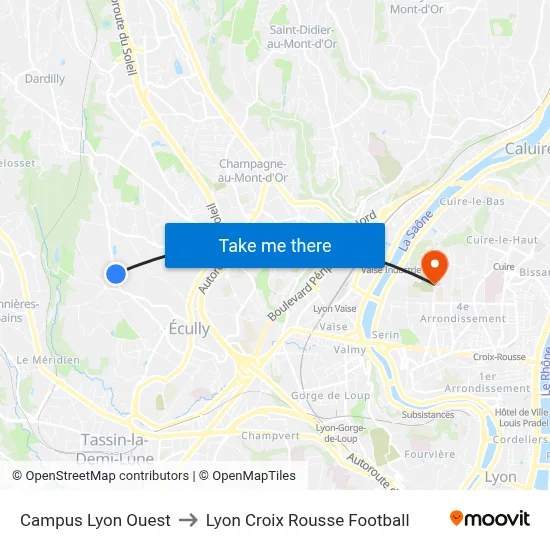 Campus Lyon Ouest to Lyon Croix Rousse Football map
