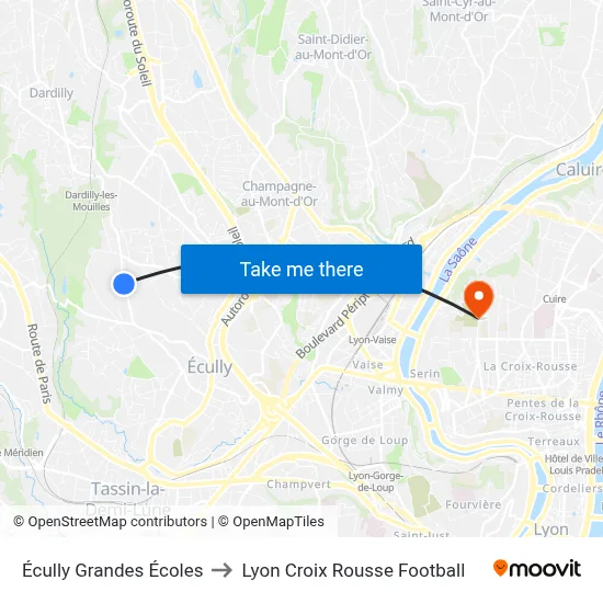 Écully Grandes Écoles to Lyon Croix Rousse Football map