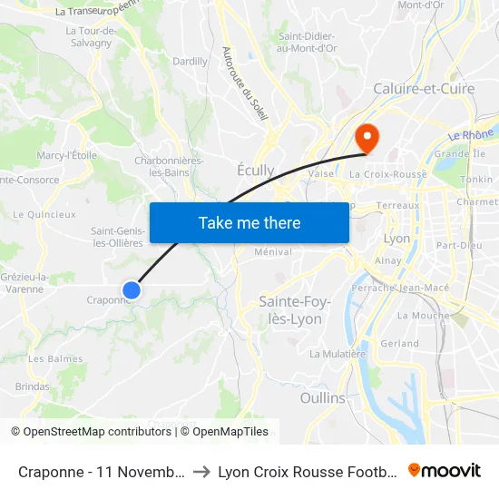 Craponne - 11 Novembre to Lyon Croix Rousse Football map