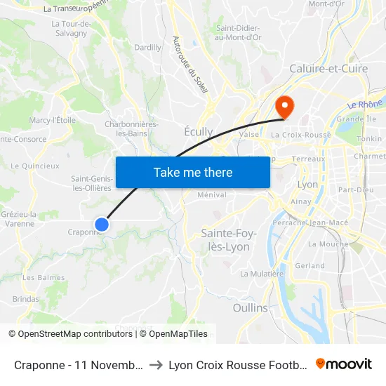 Craponne - 11 Novembre to Lyon Croix Rousse Football map