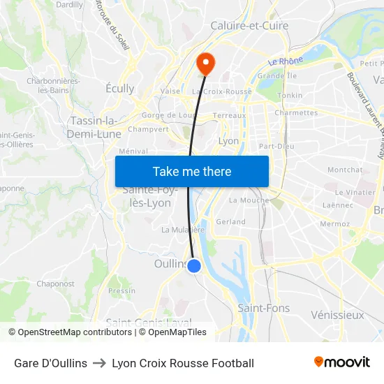 Gare D'Oullins to Lyon Croix Rousse Football map