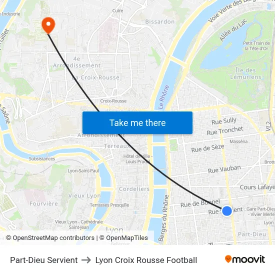 Part-Dieu Servient to Lyon Croix Rousse Football map