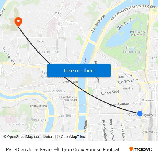 Part-Dieu Jules Favre to Lyon Croix Rousse Football map