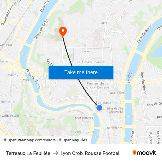 Terreaux La Feuillée to Lyon Croix Rousse Football map