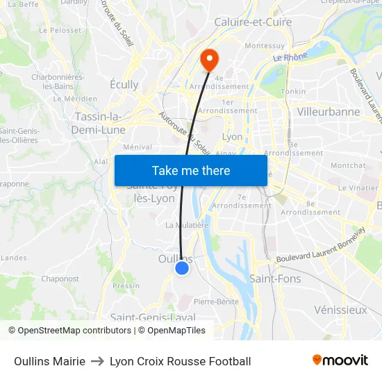 Oullins Mairie to Lyon Croix Rousse Football map