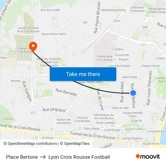 Place Bertone to Lyon Croix Rousse Football map