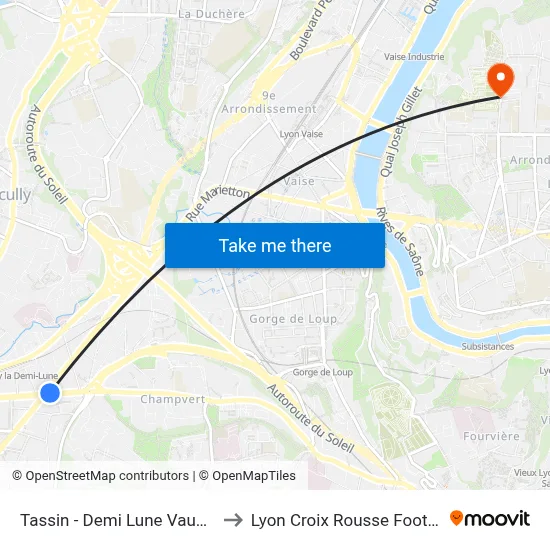 Tassin - Demi Lune Vauboin to Lyon Croix Rousse Football map