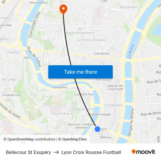 Bellecour St Exupéry to Lyon Croix Rousse Football map
