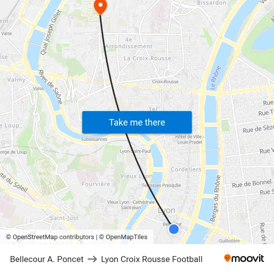 Bellecour A. Poncet to Lyon Croix Rousse Football map