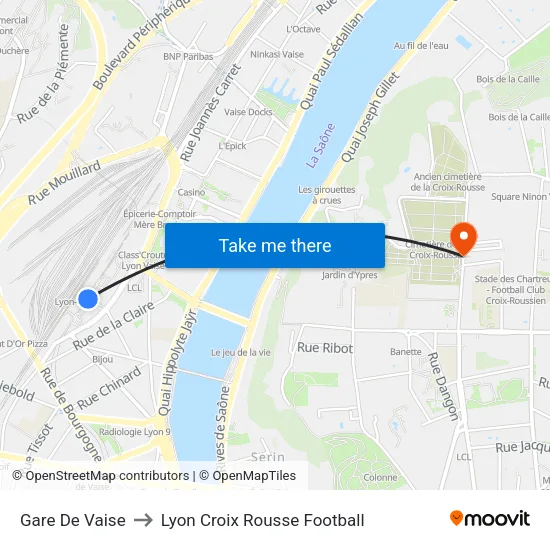 Gare De Vaise to Lyon Croix Rousse Football map
