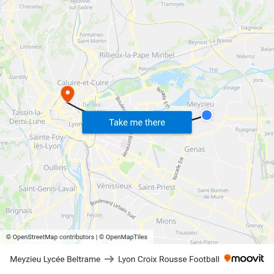 Meyzieu Lycée Beltrame to Lyon Croix Rousse Football map