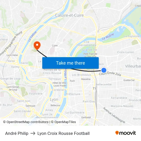 André Philip to Lyon Croix Rousse Football map