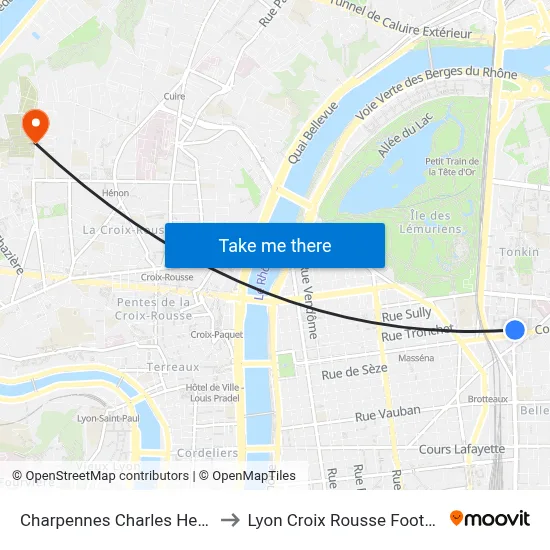 Charpennes Charles Hernu to Lyon Croix Rousse Football map
