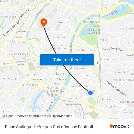 Place Stalingrad to Lyon Croix Rousse Football map