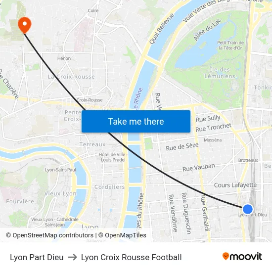 Lyon Part Dieu to Lyon Croix Rousse Football map