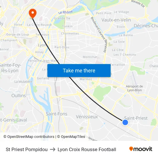 St Priest Pompidou to Lyon Croix Rousse Football map