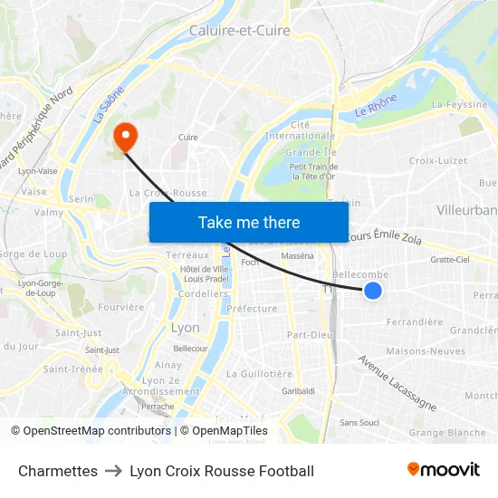 Charmettes to Lyon Croix Rousse Football map