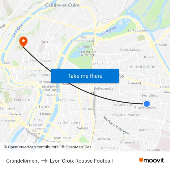 Grandclément to Lyon Croix Rousse Football map