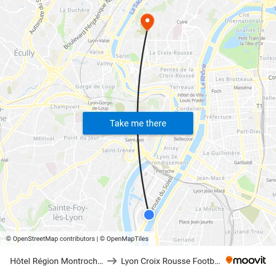 Hôtel Région Montrochet to Lyon Croix Rousse Football map