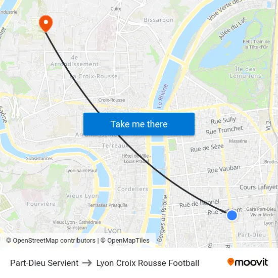 Part-Dieu Servient to Lyon Croix Rousse Football map