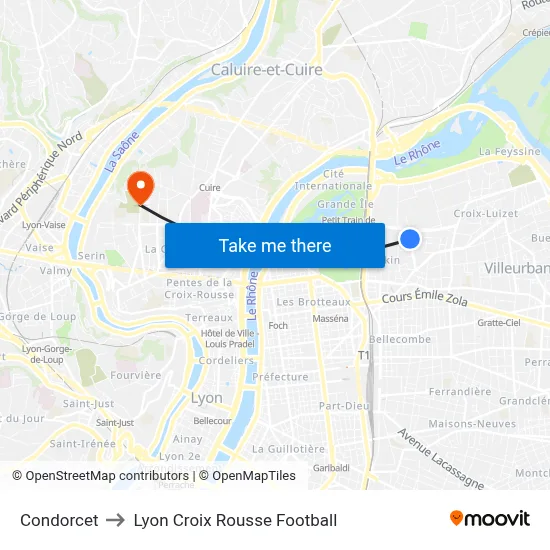 Condorcet to Lyon Croix Rousse Football map